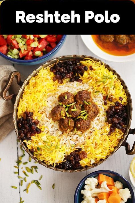 Reshteh Polo Persian Food Iranian Cuisine, Persian Rice, Persian New Year, Iranian Cuisine, Persian Cuisine, Flavored Rice, Persian Food, Saute Onions, Recipe Steps