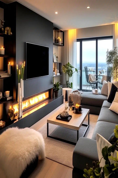 A well-designed small living room with a mounted TV above a modern fireplace, surrounded by comfortable seating and tasteful decorations, exemplifying smart small living room ideas with a TV and fireplace. Tv Room Ideas Cozy, Small Living Room Ideas With Tv, Tv And Fireplace, Living Room Layout Ideas, Small Tv Room, Fireplace And Tv, Room Layout Ideas, Ruang Tv, Snug Room