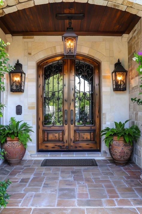 Outdoor Ideas On A Budget, Patio Outdoor Ideas, Outdoor Ideas For Kids, Outdoor Ideas Backyard, Ideas For Yard, Door Lighting, Stylish Entryway, Mediterranean Homes Exterior, Front Door Lighting