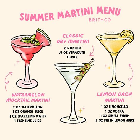 Summer Martini Menu 🍸 It's World Martini Day⁠ and we're celebrating with three martini recipes you'll want to drink all summer long! SAVE this post for the next time you're in the mood for a classic cocktail (or mocktail!)🍹 ⁠ ⁠ Classic Dry Martini 🫒 ⁠ - 2.5 oz gin⁠ - 0.5 oz vermouth⁠ - olives⁠ ⁠ Watermelon Martini (Mocktail!) 🍉 ⁠ - 2 oz watermelon purée ⁠ - 1 oz orange juice⁠ - 1 oz sparkling water⁠ - 1 tsp lime juice⁠ ⁠ Lemon Drop Martini 🍋 ⁠ - 1 oz limoncello⁠ - 1 oz vodka⁠ - 1 oz simple s... Dry Martini Recipe, Summer Martinis, Lemon Martini, Watermelon Martini, Martini Recipes Vodka, Bartender Drinks Recipes, Olive Cocktail, Mobile Cocktail Bar, Juice Cocktails