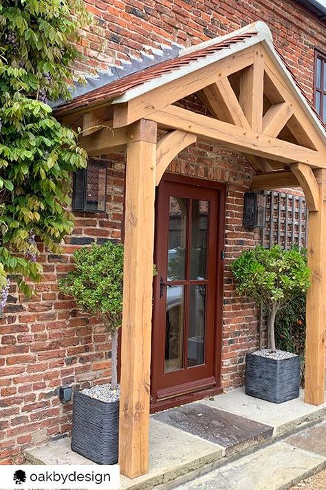 Post And Beam Porch Front Entrances, Wood Beams Front Porch, Oak Porch Ideas, Timber Porch, Gable Roof Porch, Porch Gable, Porch Oak, Oak Porch, Porch Extension