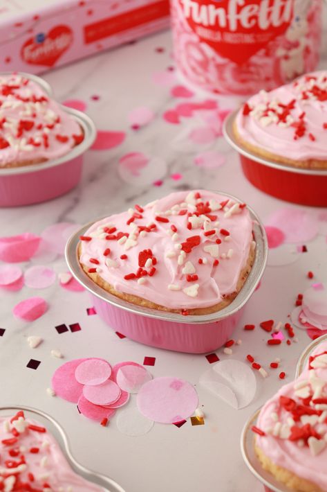 Valentine's Mini Heart Cake Pans Recipe Mini Heart Tin Cakes, Mini Heart Cake, Mini Valentine Cakes, Funfetti Frosting, Heart Cake Pan, Valentine Goodies, Valentine Food, Heart Shaped Cake Pan, Valentines Dinner