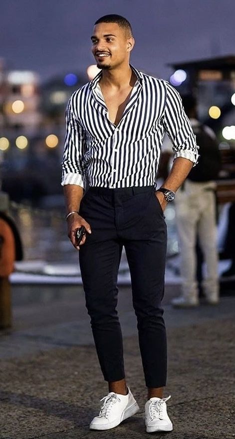 Black And White Outfit Ideas Men, Stripe Shirt Outfit Men Formal, Smart Slim Fit Shirt For Semi-formal Occasions, Modern Semi-formal Shirt With Relaxed Fit, Black Men Outfits Dressy, Formal Casual Outfits Mens, Brunch Outfit Men, Black And White Striped Shirt Outfit Men, Club Outfits Men