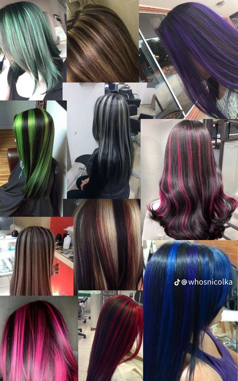 Skunk Hair Ideas, Hair Dye Ideas Color, Brunette With Colored Highlights, Monster High Hair Inspiration, Monster High Hair Dye, Grunge Highlights, Monster High Hairstyles, Grunge Hair Long, Zoe Kravitz Hair