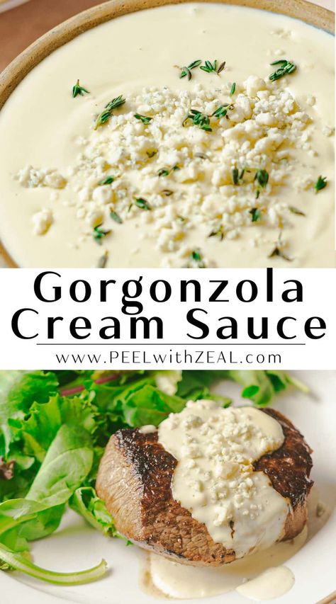 Gorgonzola Cream Sauce This decadent gorgonzola cream sauce elevates any meal! It's rich, creamy, and pairs perfectly with steak, pasta, gnocchi, and more. It's a fuss-free recipe you can whip up in just a few minutes! Gorgonzola Cream Sauce Gnocchi, Gorgonzola Steak Sauce, Boursin Cream Sauce, At Home Appetizers, Gorgonzola Gnocchi, Steak Cream Sauce, Prime Rib Sauce, Gorgonzola Cream Sauce, Gorgonzola Pasta