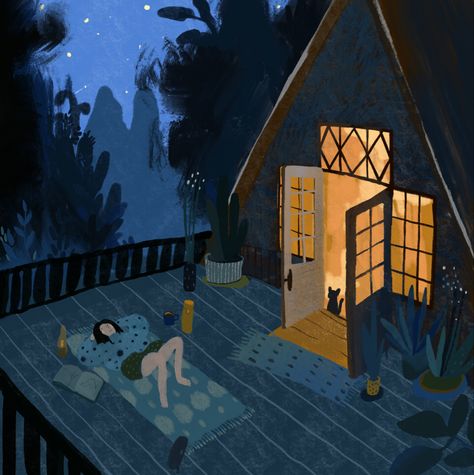 Night, mosquitoes, romance, warmth light, rest, country house, favourite book, stars, nature…🌟 Night Illustration, House Illustration, House Drawing, Night Art, Dreamy Art, Alam Yang Indah, Illustration Artists, Childrens Illustrations, Girly Art