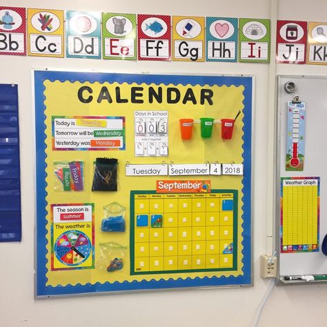 First Grade Calendar Time - The Teacher Wife Calendar Activity For Kindergarten, Pre K Calendar Ideas, First Grade Classroom Decorations, Morning Calendar First Grade, Calendar Kindergarten Board, Classroom Calender Idea, Math Corner Classroom Ideas Kindergarten, First Grade Calendar Routine, Calendar Time First Grade