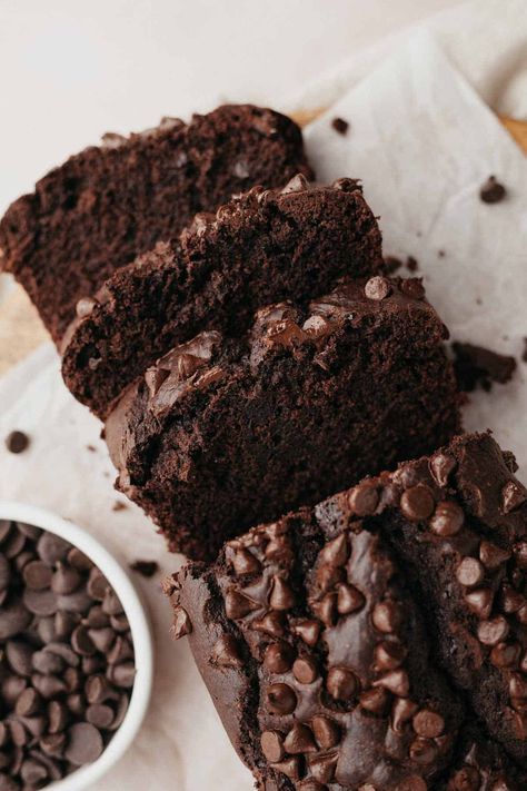 An overhead shot of a chocolate loaf cake topped with chocolate chips, three slices have been cut. Cake Mix Bread Recipes, Cake Mix Bread, Espresso Banana Bread, Chocolate Bread Recipe, Chocolate Zucchini Bread, Bowl Cake, Chocolate Bread, Chocolate Espresso, Chocolate Banana Bread