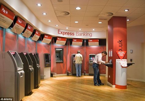 People using the automated self service machines that have been installed inside a branch ... Bank Interior Design, Banks Design, Bank Interior, Atm Machine, Romantic Poetry Quotes, Bank Teller, Most Hated, Bank Branch, Bank Design