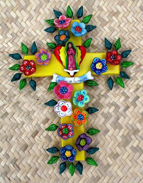 Cross Guadalupe Tree of Life Clay by Ortega Mexican Folk Art Cerámica Fantástica Mexican Clay Art, Mexican Catholic Art, Mexican Tin Art, Mexican Cross, Latin American Folk Art, Mexican Folk Art Decor, Ortega Family, Latin Art, The Virgin Of Guadalupe