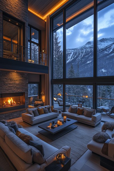 🌲✨ Discover the ultimate cozy retreat! This modern mansion, nestled in the mountains, boasts stunning large glass windows that frame breathtaking views of the serene forest and majestic snowy peaks. ❄️🏔️ As night falls, gather around the fireplace for a warm, inviting glow. Perfect for those winter nights! 🔥🏡 #MountainMansion #CozyHome #InteriorDesign #WinterVibes... Mansions In The Forest, Snowy Mountain House, Modern Winter House, Mansion Mountain, Cozy Winter House, Winter Mansion, Christmas Mansion, Modern Mansion Interior, Mountain Mansion