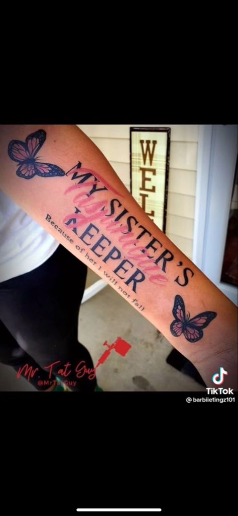 I Am My Sisters Keeper Tattoo, Siblings Names Tattoo, Sister Keeper Tattoo Ideas, My Sister Protector Tattoo, Sister Protector Tattoos, Sisters Keeper Tattoo, My Siblings Keeper Tattoo, My Sisters Keeper Tattoo, Matching Tattoos For Siblings