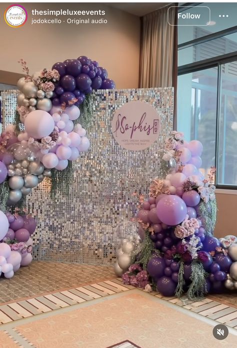 Purple And Gray Party, Purple And Silver Prom Decorations, Lilac Balloon Garland, Purple Birthday Decorations, Lavender Balloons, Lavender Birthday, Lilac Balloons, Leaf Decor Wedding, Silver Party Decorations