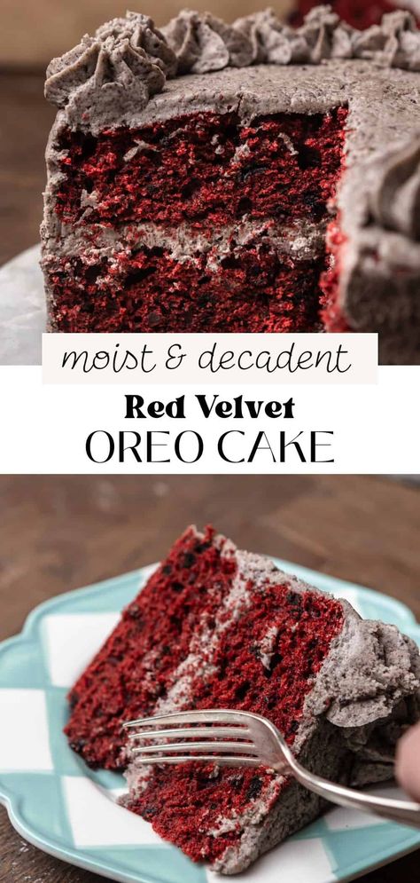 This red velvet Oreo cake is a fun twist on a traditional red velvet cake! It has Oreo cream cheese frosting and Oreo pieces baked into the cake layers. The cake stays soft and moist for days because it's made with oil, buttermilk, and sour cream. Traditional Red Velvet Cake, Red Velvet Oreo Cake, Oreo Cream Cheese Frosting, Oreo Cream Cheese, Red Velvet Desserts, Oreo Frosting, Red Velvet Oreo, Oreo Cream, Cake Layers