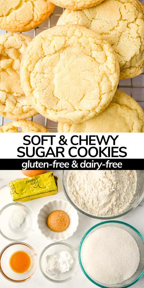 Gluten-free and dairy-free sugar cookies are so easy to make homemade in your kitchen! The best chewy sugar cookie your entire family will love! Make these in under one hour! Allergy Free Cookie Recipes, Sugar Cookies Dairy Free, Dairy And Gluten Free Sugar Cookies, Gf Dairy Free Cookies, Gluten And Lactose Free Recipes Desserts, Gf Sugar Cookies Recipe, Gluten Free Dairy Free Sugar Cookie Recipe, Soft Gluten Free Sugar Cookies, Gluten Free Chewy Sugar Cookies