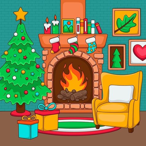 Christmas Scene Drawing, Merry Christmas Drawing, Fireplace Drawing, Xmas Fireplace, Dr. Seuss Book, Xmas Drawing, Christmas Tree And Fireplace, Santa's House, Holiday Mantle