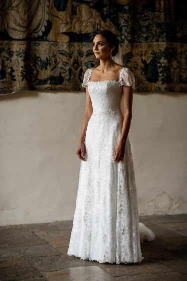 Lace Wedding Dress Summer, Phillipa Lepley Bridal, Textures Wedding Dress, Wedding Dresses Square Neckline Modest, Vintage Short Sleeve Wedding Dress, Square Neck Cap Sleeve Wedding Dress, Phillipa Lepley Wedding Dress, Philipa Lepley Wedding Dress, Short Sleeve Wedding Dress Simple