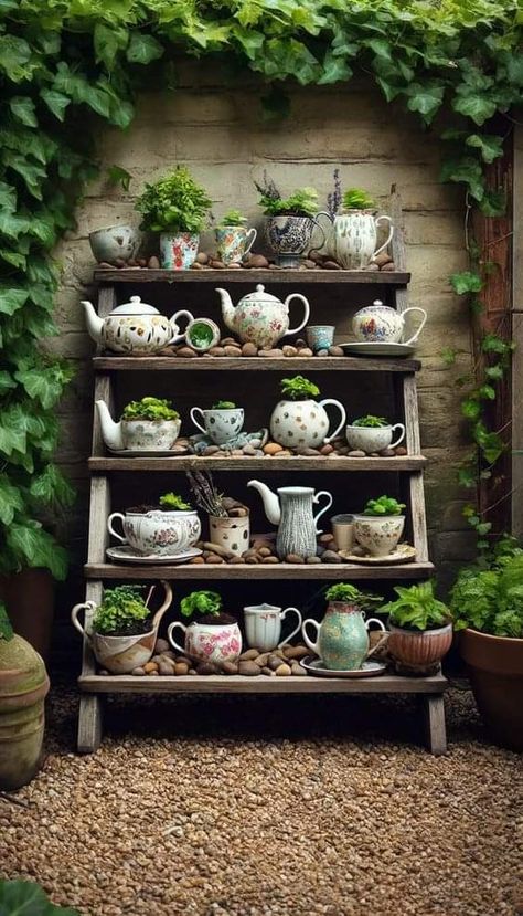 Quaint Garden, Diy Garden Decorations, Teacup Planter, Whimsical Diy, Garden Corner, Diy Garden Fountains, Vertical Garden Wall, Planting Ideas, Rustic Aesthetic