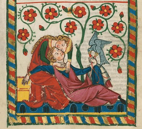 Courtly Love, Tender Embrace, First Love Story, Medieval Manuscript, Tableau Art, Nature Sounds, Medieval Art, Illuminated Manuscript, 14th Century