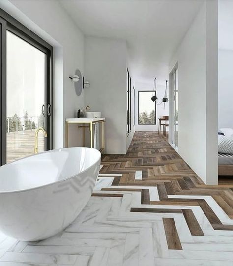 40 Modern Bathroom Tile Designs and Trends Drømme Bad, Design Interior Baie, Modern White Bathroom, Interior Design Minimalist, Herringbone Wood Floor, Minimal Interior Design, Bad Inspiration, Decor Baie, Herringbone Floor