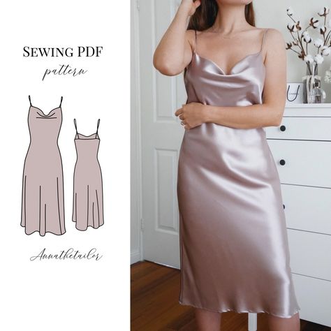 Satin Cowl Neck Dress Pattern, Cowl Neck Slip Dress Pattern, Cowl Dress Pattern, Satin Dress Pattern, Cowl Neck Dress Pattern, Silk Cowl Neck Dress, Silver Satin Dress, Slip Dress Pattern, Fashion Workshop