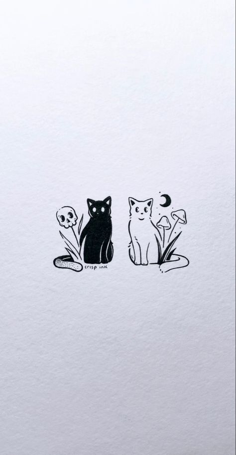 Cute Matching Cat Tattoos, Double Cat Tattoo, Matching Kitty Tattoos, Cat Tattoo Matching, Cat Matching Tattoos, Crisp Ink Tattoo, Rhiannon Tattoo, Matching Cat Tattoos, Cat Ink Drawing