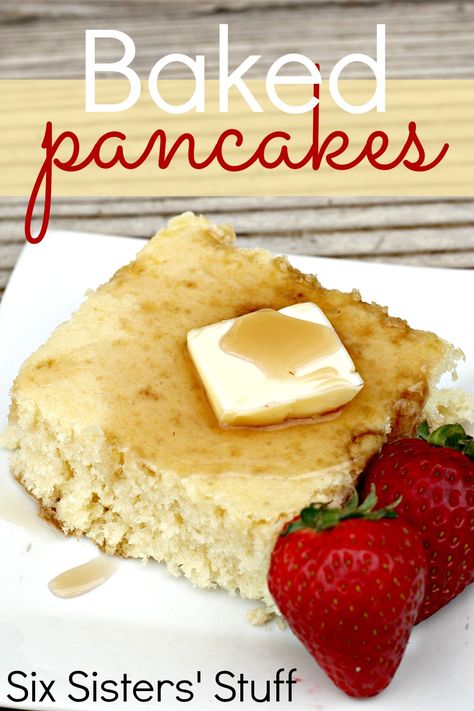 Baked Pancakes from SixSistersStuff.com. I made these, cut into squares, and froze them for busy mornings when we needed a good breakfast! #pancakes Baked Pancake Recipe, Wheat Waffles, Baked Pancakes, Six Sisters Stuff, Waffles Recipe, What's For Breakfast, Breakfast Pancakes, Think Food, Breakfast Brunch Recipes