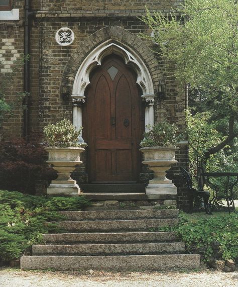 Victorian Literature: A Victorian House  gothic wooden front door urns gardens front steps Front Door With Windows, Internal Doors Modern, Wooden Front Door, Dream House Garden, Victorian Literature, Glass Pocket Doors, Fiberglass Exterior Doors, Victorian Style Homes, Modern Front Door