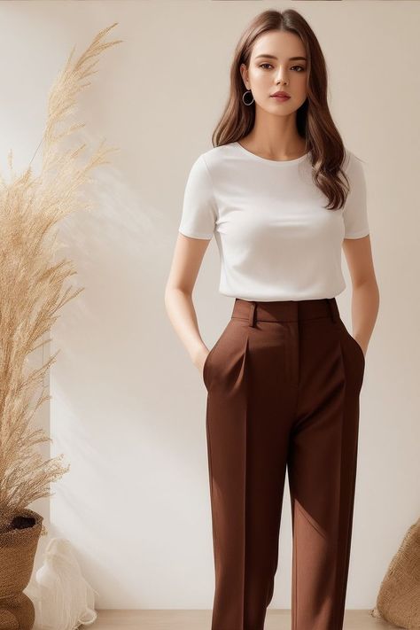 Brown Trousers Outfit Women, Simple Office Outfit, Brown Trousers Outfit, Brown Top Outfit, Casual Office Outfit, Trousers Women Outfit, Summer Work Outfits Office, Pant Outfits For Women, Brown Pants Outfit