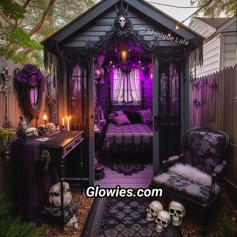 Goth Backyard, Witchy Patio, Witchy Backyard, Mom Cave Ideas, Gothic Tiny House, Backyard Creations, Goth Bedroom, Witchy House, Craft Shed