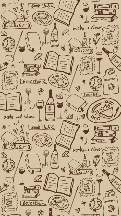 Hand drawn illustrations for a new and exclusive book club coming soon. Book club aesthetic, branding inspo, wine illustrations, cheese illustrations, book illustrations, books and wine, books and vino, travel illustration, golf illustrations, charcuterie board. Wine Graphic Design Illustration, Handdrawn Illustration Design, Wine And Books Aesthetic, Book Club Wallpaper, Wine And Cheese Illustration, Book Club Tattoo, Book Club Graphic, Wine And Book Aesthetic, Book Club Branding