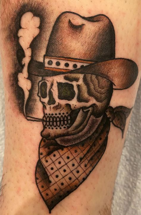 American Traditional Cowboy Skull Tattoo, Skull Wearing Cowboy Hat Tattoo, Trad Cowboy Tattoo, Dead Cowboy Tattoo, Old West Tattoo, Skull Cowboy Tattoo, Cowboy Vampire, Cowboy Skull Tattoo, West Tattoo