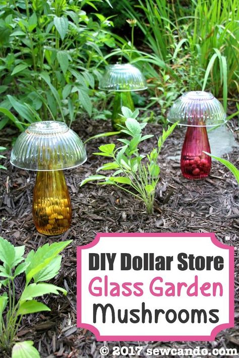 Sew Can Do: DIY Dollar Store Glass Garden Mushrooms Outdoor Yard Crafts Easy Diy, Mushroom Vase Diy, Dollar Tree Mushrooms, Dollar Tree Mushroom Crafts, Dollar Tree Solar Lights Diy Projects, Outdoor Mushroom Decor, Outdoor Summer Hosting Ideas, Mushroom Outdoor Decor, Diy Yard Art From Junk