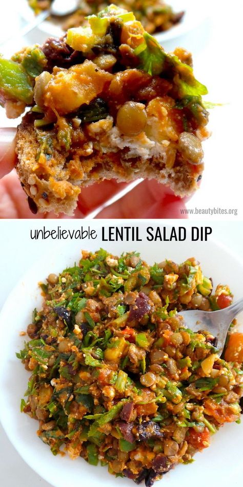 Amazing easy and healthy lentil recipe that is something between a salad and a dip and is perfect on a piece of toasted bread! This healthy lentil salad dip can be a side dish, but for me it made an awesome healthy lunch recipe that is good for your weekly meal prep. This delicious lentil recipe is high-fiber, vegetarian with an easy option to make vegan (don’t add feta) and gluten-free! | www.beautybites.org | easy healthy recipe Lentil Appetizer Recipes, Lentil Toast, Lentil Meals, Salad Dip Recipe, Lentil Casserole, Salad Dip, Lentil Recipes Healthy, Lentil Recipe, Vegetarian Recipes Lunch