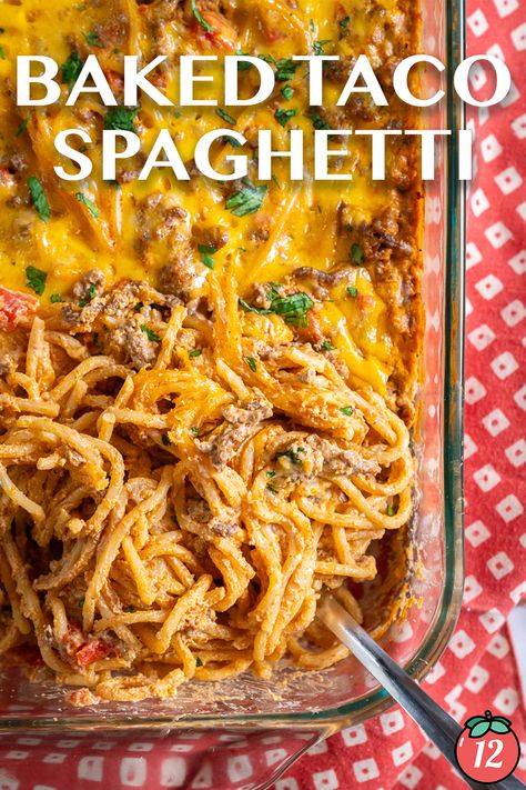 Baked Taco Spaghetti | 12 Tomatoes Baked Taco Spaghetti Recipe, Easy Taco Spaghetti Bake, Taco Spaghetti Bake Ground Beef, Taco Spaghetti Casserole Bake, Taco Casserole Bake With Noodles, Mexican Baked Spaghetti, Baked Taco Spaghetti Easy, Taco Noodle Bake, Cheesy Taco Spaghetti