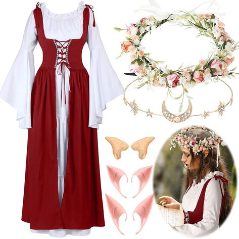 Amazon.com: Bonuci Women Renaissance Dress Medieval Costume Women with Elf Ears, Moon Head Chain and Woodland Fairy Crown for Carnival(2X-Large/ 3X-Large,Light Green) : Clothing, Shoes & Jewelry Woodland Fairy Crown, Ren Faire Dress, Medieval Costume Women, Woodland Fairy Costume, Ren Faire Outfits, Dress Medieval, Woodland Elf, Green Clothing, Fair Outfits