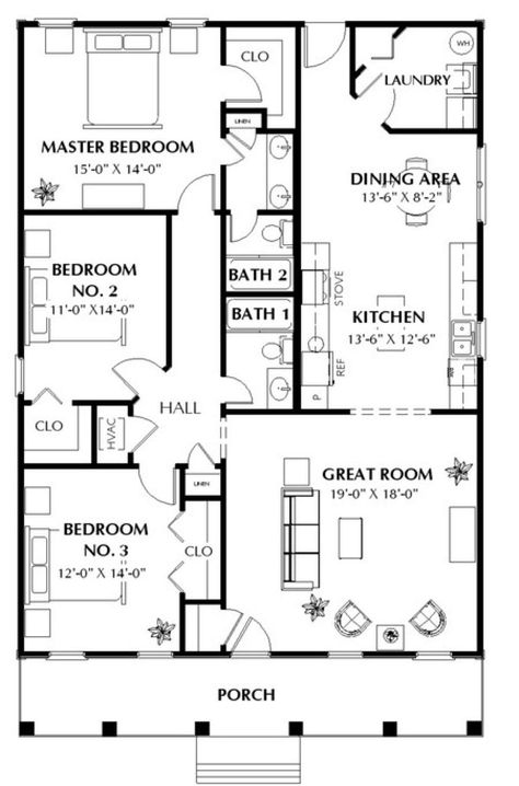 One Bedroom House Plans, 1500 Sq Ft House, One Bedroom House, Floor Plans Ranch, Two Story House, Small House Floor Plans, Barndominium Floor Plans, House Layout Plans, Cottage Plan