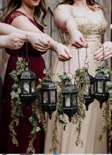 Bridesmaid Lanterns, Haircuts For Black Boys, Forest Themed Wedding, Themed Wedding Reception, Diy Decoration Ideas, Gothic Wedding Theme, Lotr Wedding, Witch Wedding, Dark Wedding Theme