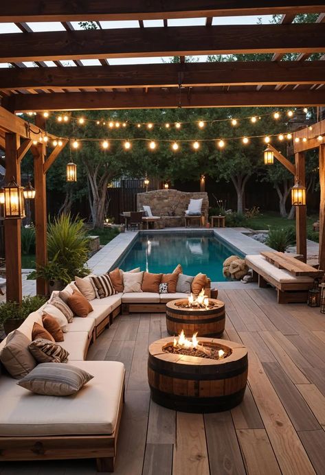 Slim Backyard Ideas, Backyard Pool With Pergola, Rectangle Pool Backyard Ideas, Wooden Deck Around Pool, Simple Backyard With Pool, Jacuzzi With Deck, Pool In Backyard Ideas, Country Swimming Pools, Cozy Backyard Ideas With Pool