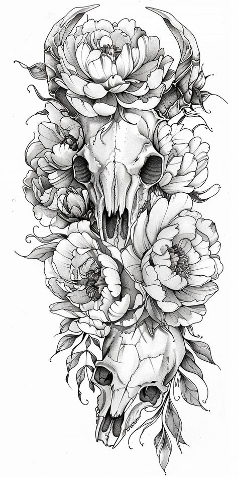 Tattoo Half Sleeve: Peonies and Animal Skull Back Skull Tattoo Women, Hip Skull Tattoos Women, Cow Skull Floral Tattoo, Lotus Flower And Skull Tattoo, Cow Skull Tattoo Stencil, Full Body Skeleton Tattoo, Blackwork Flower Sleeve, Flower Tattoo Sleeve Designs, Skull And Leaves Tattoo