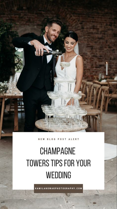 Have you been planning a champagne tower for your wedding? Are you looking for tips how to get the perfect champagne tower photographs? If so, keep reading! In this post, you’ll learn how to create the perfect champagne towers for your wedding so that you can have effortless champagne tower photos to look back on! Click to read these wedding photography tips today! Champagne Glass Tower Wedding, When To Do Champagne Tower, Wedding Champagne Tower Aesthetic, Champagne Tower At Wedding, Champagne Tower How To, How To Do A Champagne Tower, Champagne Towers Wedding, Champagne Tower Wedding Diy, How To Champagne Tower