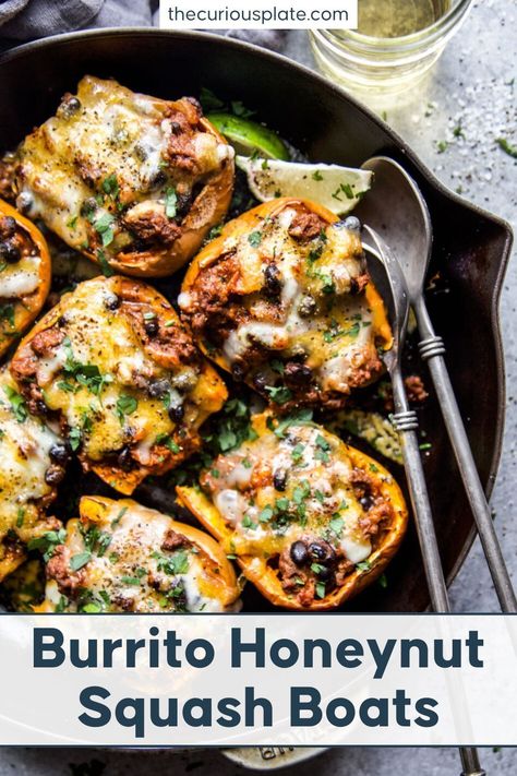 Honeynut Squash Recipes Healthy, Banana Squash Recipes, Butternut Squash Mexican Recipes, Honey Nut Squash Recipe, Honeynut Squash Recipes, Spaghetti Squash Enchilada Boats, Burrito Spaghetti Squash Boats, Butternut Squash Burrito Bowl, Recipes With Butternut Squash