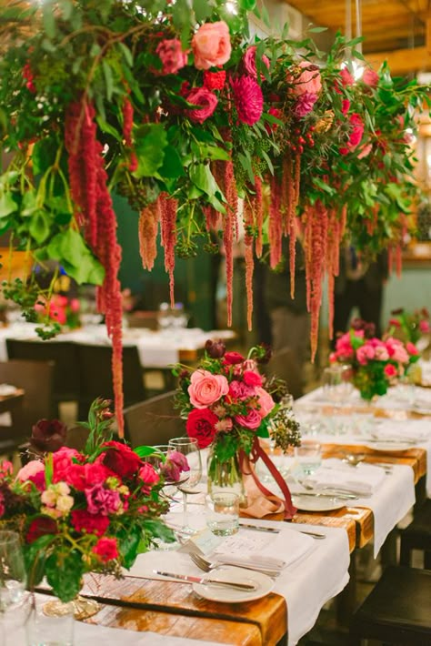 hanging amaranthus floral display - photo by Olive Photography http://ruffledblog.com/winter-garden-wedding-in-toronto #weddingideas #flowers Raised Flower Centerpiece Wedding, Pink Amaranthus, Wedding Seasons, Tropical Wedding Theme, Autumnal Wedding, Ocean Wedding, Wedding Chandelier, Hawaii Party, Fruit Arrangements