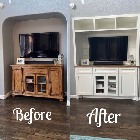 Tv Cubby Hole Ideas Built Ins, Closet Turned Into Entertainment Center, Small Built In Tv Cabinet, Tv Niche Makeover Living Room, Closet To Tv Nook, Tv Nook Makeover Built Ins, Closet Into Tv Nook, Closet Entertainment Center, Tv Alcove Ideas Living Room