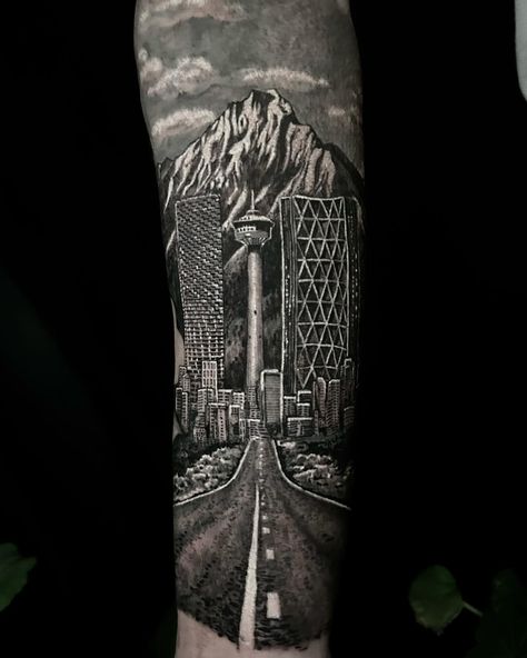 Calgary love in black and gray! Looks like Calgary pride on this sleeve @jenskinart! 🇨🇦️🌇⁠ Love In Black, Mama Tried, City Tattoo, Best Tattoo, Hidden Gem, Black And Grey Tattoos, Black And Gray, Calgary, Cool Tattoos