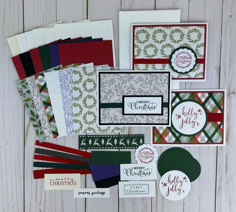 This Christmas card kit allows you to create six different festive cards. The holiday craft kit contains all of the paper supplies and embellishments you need to assemble 6 A2 cards (4.25 x 5.5 inches), and comes with coordinating envelopes. This easy DIY craft is ideal for beginners, and the cards are the perfect size to send through the mail to friends and family far away. SIZE: * Each card is 4.25 x 5.5 inches (A2 size) and comes with coordinating envelopes. DETAILS: * This kit provides all the paper materials and embellishments needed to make 6 cards. SUPPLIES INCLUDED: You will receive the following items in your kit: Card #1: * A black cardstock mat * Sketch leaves patterned cardstock paper * A stamped "Merry Christmas" sentiment in black ink with adhesive * A black cardstock sentime Card Kits For Sale, Card Making Kits Diy, Diy Card Kits, Simple Christmas Cards Handmade, Christmas Diy Kit, Christmas Season Greetings, Diy Holiday Cards, Scrappy Cards, Holiday Cards Handmade