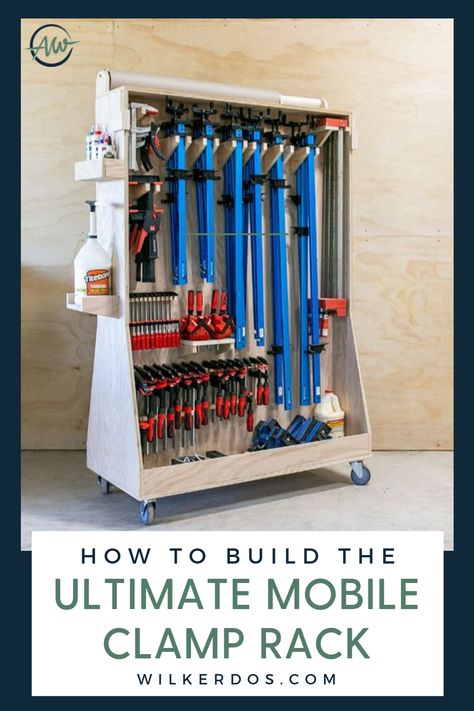 Instead of adding to my wall mounted system I’ll be building this mobile rack so I can wheel all of my clamps over to a work surface instead of carrying them a few at a time. Get the plans to build the ultimate mobile clamp rack! Clamp Rack Woodworking, Clamp Rack, Clamp Storage, Plywood Diy, Woodworking Organization, Workshop Plans, Work Benches, Woodworking Storage, Workbench Plans