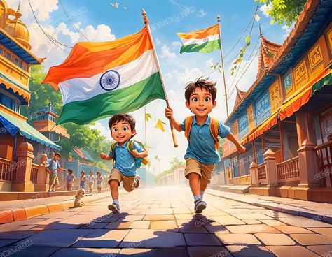 Children holding Indian flag and running along streets, anime concept AI Generated wallpaper Gradient Image, Independence Day Poster, Indian Independence Day, Creative Branding Design, Warriors Wallpaper, Scary Wallpaper, Indian Flag, Social Media Poster, Orange Sky