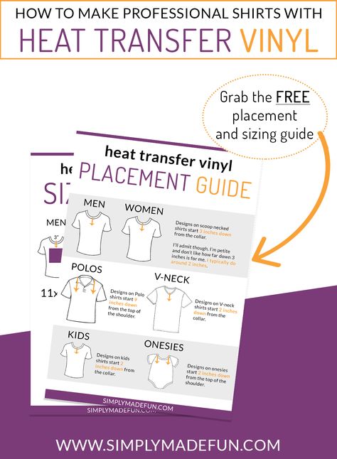 I love making vinyl shirts with heat transfer vinyl but always struggle to line up my designs properly. Learn how to use heat transfer vinyl with the IFREE placement and sizing guide where I share all the tips and ideas for your next htv project! Get the tutorial for how to use heat transfer vinyl and start making more professional looking shirts today! | simplymadefun.com #heattransfervinyl #vinylprojects #vinyltips Tshirt Placement Guide For Vinyl Free, Htv Sizing For Shirts Chart, Vinyl On Shirts, Cricut Heat Transfer Vinyl, Htv Shirts, Printable Heat Transfer Vinyl, Inkscape Tutorials, Shirts Vinyl, Htv Projects