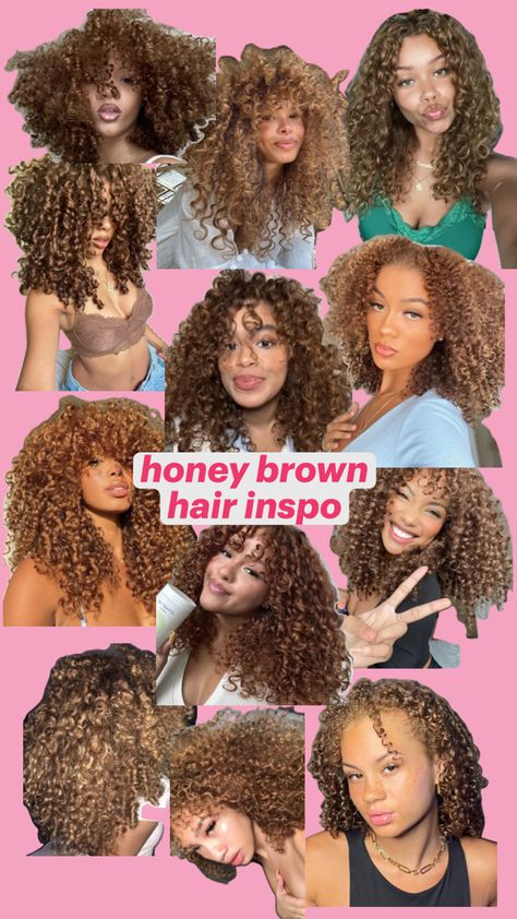 inspo🍯 Honey Curly Hair, Dyed Curly Hair, Honey Hair Color, Brown Curls, Chocolate Hair, Dyed Hair Inspiration, Dyed Natural Hair, Honey Hair, Makeup Makeover